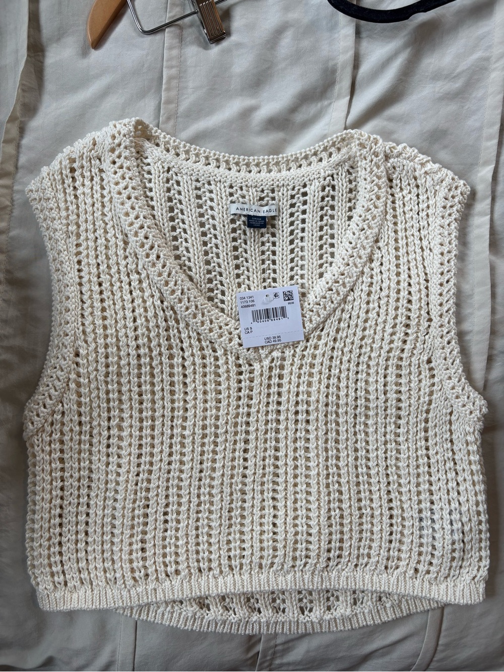 American Eagle Cream Crochet Knit Crop Top Sweater